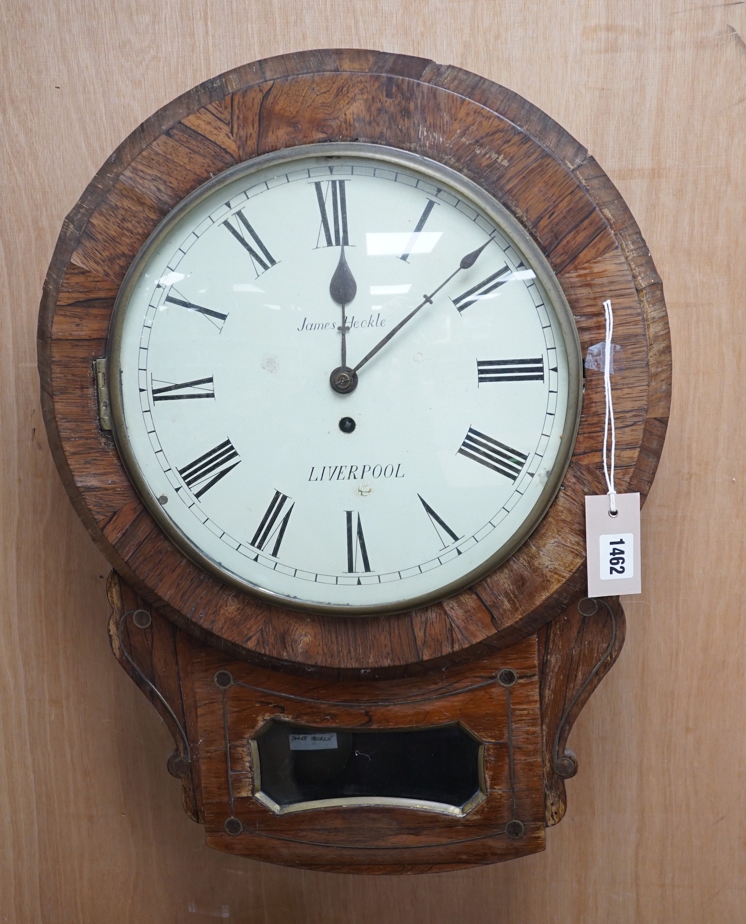 A Victorian inlaid rosewood drop-dial wall clock, James Heckle, Liverpool, single fusee movement with pendulum